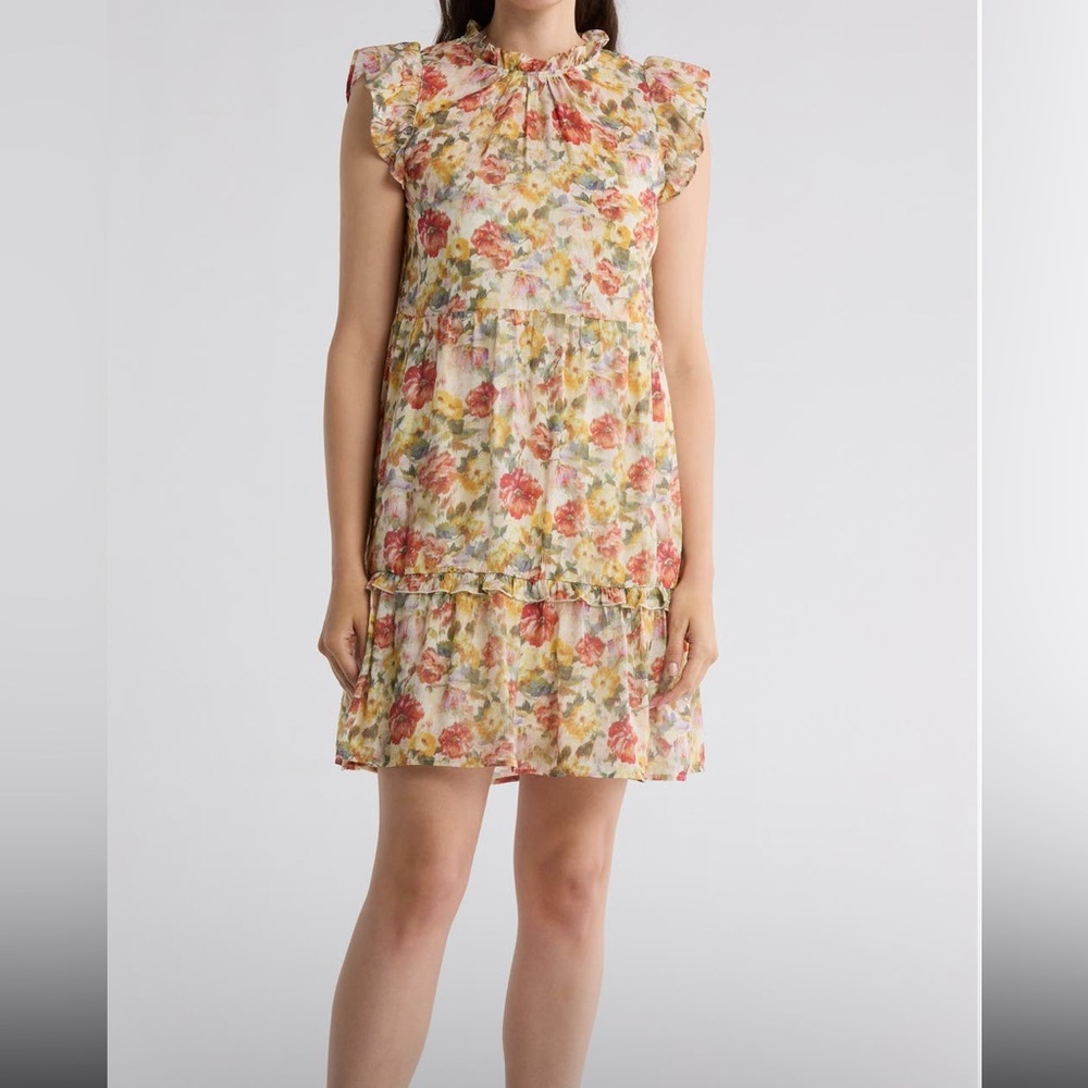 MELLODAY Floral Ruffle Tiered Mini Dress - Pink, Yellow & Cream